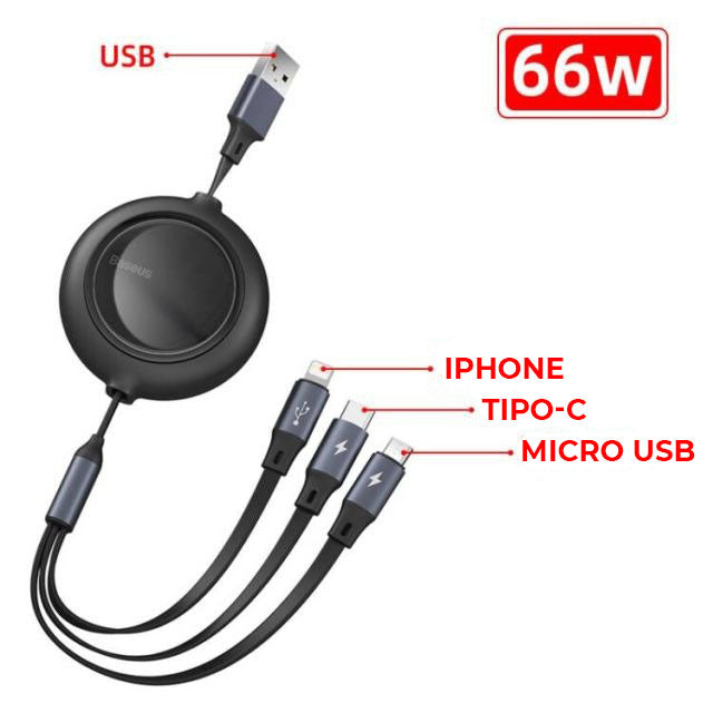 Cabo USB Retrátil Transmissão Turbo  - 3 em 1